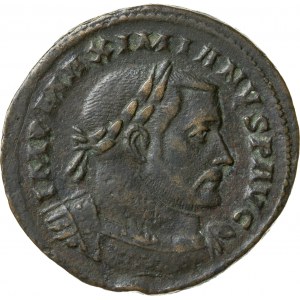 brązowy Follis, wybity w pierwszej oficynie mennicy Treveri (Trewiru), ok. 303-305 r., Maksymin Herkulejski (286-305), Cesarstwo Rzymskie