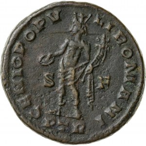 brązowy Follis, wybity w pierwszej oficynie mennicy Treveri (Trewiru), ok. 303-305 r., Maksymin Herkulejski (286-305), Cesarstwo Rzymskie