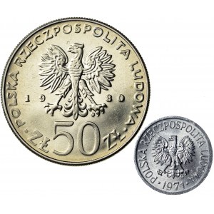 5 groszy 1971 oraz 50 zł 1980 (Odnowiciel) - niedobicie, wada stempla