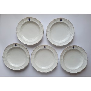 [HERB LELIWA] Zestaw 5 porcelanowych talerzy głębokich, dużych, z herbem Leliwa pod koroną hrabiowską. Manufaktura porcelany F&M (Fischer & Mieg), Pirkenhammer, 1853-1873.