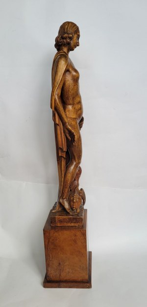 LIPIŃSKI Kazimierz (1896-1978) - Akt stojący z ptakiem w stylu art déco. Rzeźba, drewno