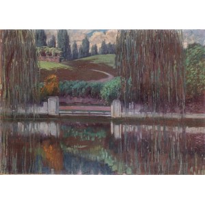 TEODORO WOLF FERRARI (Venezia 1878-San Zenone degli Ezzelini 1945), Lake landscape with trees, 1914