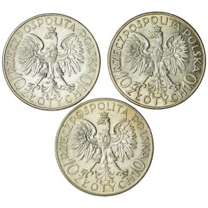 10 zł 1932, 1932 bez znaku, 1933, II RP, zestaw kobieta w czepcu