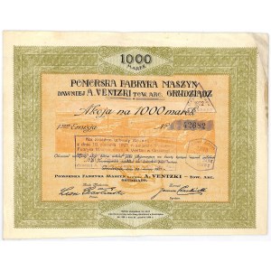 Pomorska Fabryka Maszyn dawniej A. Venizki Tow. Akc. Grudziądz, Em.1, 1000 marek 1921 - RZADKOŚĆ