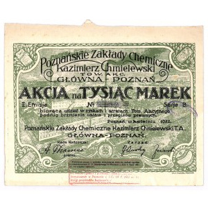 Poznańskie Zakłady Chemiczne Kazimierz Chmielewski Tow. Akc. Poznań-Główna, Em.2, 1000 marek 1922 - rzadka