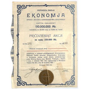 EKONOMIA S.A. Gospodarstwa Krajowego, Em.1, 50x250000 marek 1922 z zawiadomieniem