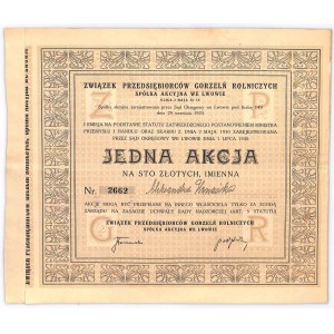 Związek Przedsiębiorców Gorzelni Rolniczych S.A. we Lwowie, 100 złotych 1929 - RZADKA