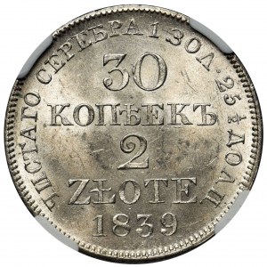 30 kopiejek = 2 złote Warszawa 1839 MW - NGC MS64+ WYŚMIENITA