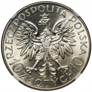 Głowa Kobiety, 10 złotych 1932 Warszawa - NGC MS63+ WYŚMIENITA
