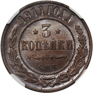 Rosja, Mikołaj II, 3 kopiejki 1911 СПБ - NGC MS65 BN