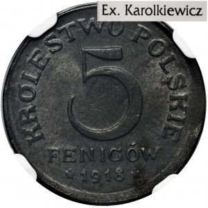 Królestwo Polskie, 5 fenigów 1918 - NGC MS63 - ex. Karolkiewicz