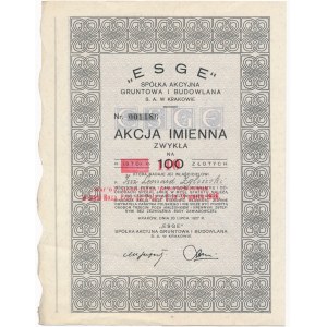 ESGE Spółka Akcyjna Gruntowa i Budowlana, 100 złotych 1927 - Akcja imienna - zwykła