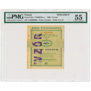 Pewex Bon Towarowy 5 centów 1960 WZÓR Aa 0000000 - PMG 55