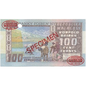 Madagascar, 100 Francs = 20 Ariary 1974-83 SPECIMEN De la Rue