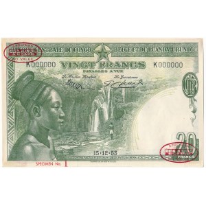 Kongo Belgijskie, 20 franków 1953 K 000000 SPECIMEN De la Rue - PIERWSZY WZÓR
