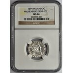 Zygmunt III Waza, Trojak Malbork 1594 - NGC MS64 - pierścień w dacie - RZADKI