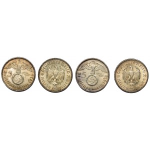 Zestaw, Niemcy, III Rzesza, Hindenburg 5 marek (4 szt.) - bardzo ładne
