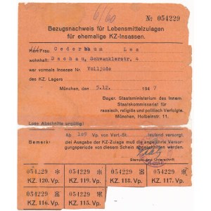 Kartka żywnościowa dla ocalałych z obozu koncentracyjnego Dachau 1947
