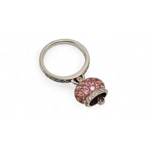 Ring with bell pendant in gold pink corundum and diamonds.