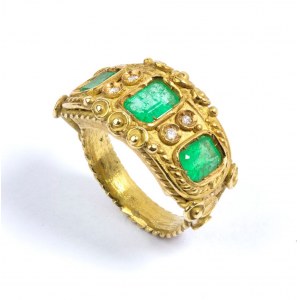 Archaeological style emerald diamond gold ring