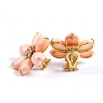 Pair of pink coral and diamonds flower earrings