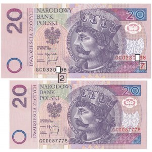 20 złotych 1994 -GC- z bardzo rzadkim błędem numeratora i bez (2szt.)