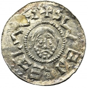 Czechy, Brzetysław II, Denar - obwódka perełkowa, dwie kropki na tronie