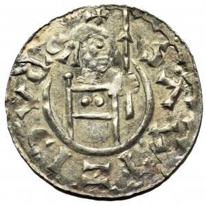 Bohemia, Bretislav II, Denarius - pearl border, two dots on the throne