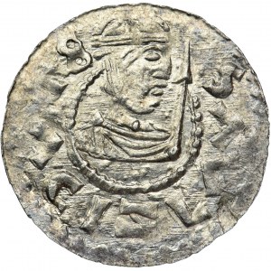 Bohemia, Bretislav II, Denarius - pearl border, short spear