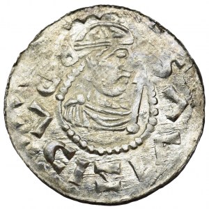 Bohemia, Bretislav II, Denarius - pearl border, short spear