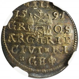 Zygmunt III Waza, Trojak Ryga 1591 - NGC AU58 - podwójne R