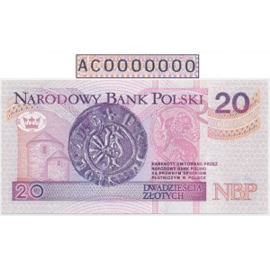 Próba, 20 złotych 1994 - AC 0000000 - bez nadruków - UNIKAT