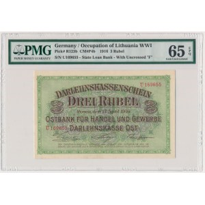 Poznań 3 ruble 1916 - U - krótka klauzula - PMG 65 EPQ