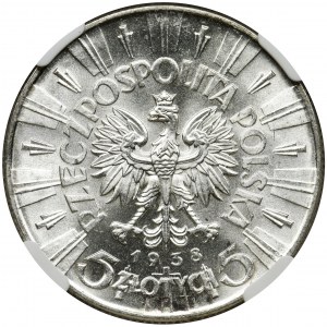 Pilsudski, 5 zloty 1938 - NGC MS62