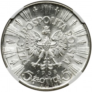 Piłsudski, 5 złotych 1938 - NGC MS62 - PIĘKNY