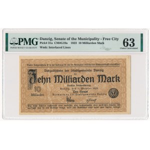 Gdańsk 10 miliardów 1923 - PMG 63 - znak wodny kwadraty