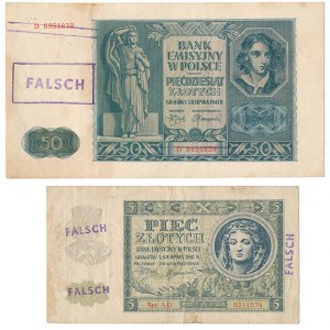 5 i 50 złotych 1941 - przestemplowane jako fałszerstwa