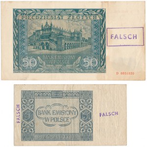 5 i 50 złotych 1941 - przestemplowane jako fałszerstwa