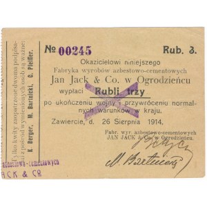 Zawiercie, Jan Jack & Co. w Ogrodzieńcu., 3 ruble 1914 - RZADKIE