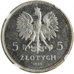 Sztandar, 5 złotych 1930 - NGC MS64 PROOF LIKE - stempel płytki - JEDYNY