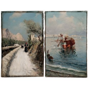 Pair of paintings A Journey in the Mountains and Fishermen in the Bay of Naples, Giuseppe Giardiello