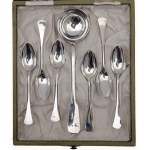 Six Cased Tea Spoons and Small Ladle, Six Spoons and Six Teaspoons/Set of soup and tea spoons together with a coffee spoon case and a small ladle