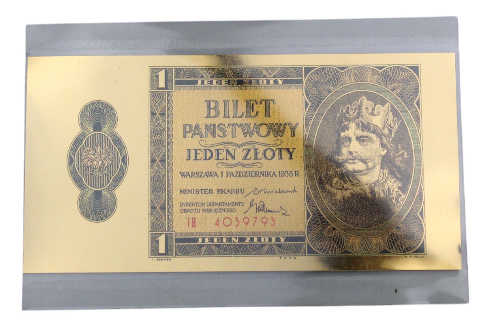 Najpiękniejsze Polskie Banknoty w czystym złocie - 1 zł 1938 r