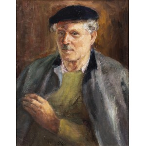 Konrad Srzednicki (1894-1993), Autoportret w berecie i płaszczu, lata 70./80. XX w.