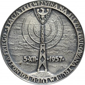 Medal autorstwa J. Gosławskiego z 1957 roku poświęcony zbudowaniu stacji telewizyjnej na Ślęży.
