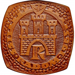 Medal tłoczony w skórze z 1965 roku, poświęcony 500-leciu uzyskania praw miejskich przez Radom.