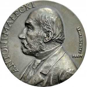 Medal autorstwa St. Lewandowskiego z 1901 roku, wybity z okazji 80 urodzin rektora Uniwersytetu Wrocławskiego - Antoniego Małeckiego.