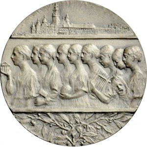 Medal pamiątkowy autorstwa Konstantego Laszczki z 1908 r., wybity z okazji 25. Rocznicy powstania Muzeum Narodowego w Krakowie.
