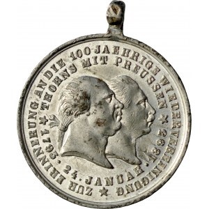 Medalik z 1893 roku wybity nakładem Waltera Lambeck’a z Toruniu w związku z 100 rocznica powrotu Torunia do Prus.