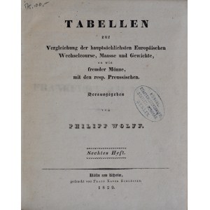 Wolff P., Tabellen zur Vergleichung der hauptsächlichsten Europäischen Wechselcourse, Maasse und Gewichte..., sechstes Heft, Köln 1829.
